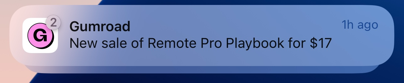 Gumroad push notification — new sale of Remote Pro Playbook for $17