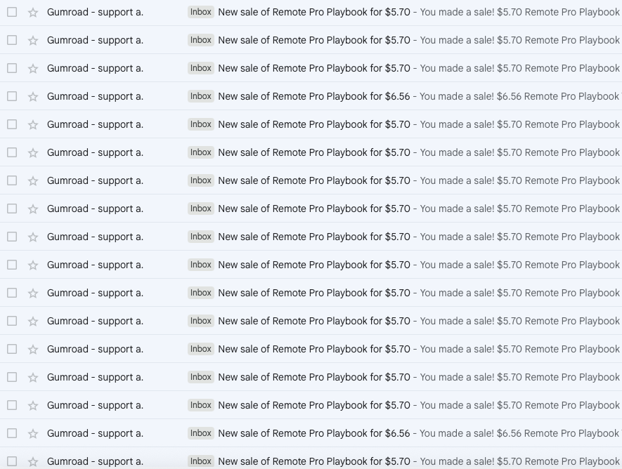 Gumroad inbox — repeated sale notifications at several price points